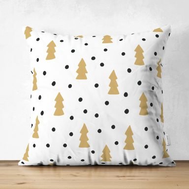 Beyaz Zemin Üzerinde Gold Detaylı Çam Ağacı Desenli Dijital Baskılı Modern Süet Yastık Kırlent Kılıfı