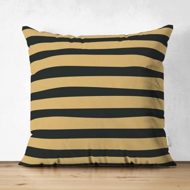 Gold Zemin Üzerinde Siyah Çizgili Dijital Baskılı Modern Süet Yastık Kırlent Kılıfı