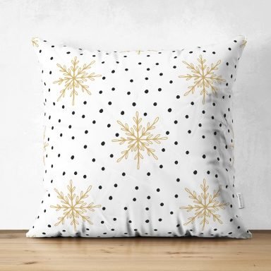 Beyaz Zemin Üzerinde Gold Detaylı Kar tanesi Dijital Baskılı Modern Süet Yastık Kırlent Kılıfı