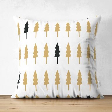 Beyaz Zemin Üzerinde Gold Detaylı Çam Ağacı Desenli Dijital Baskılı Modern Süet Yastık Kırlent Kılıfı
