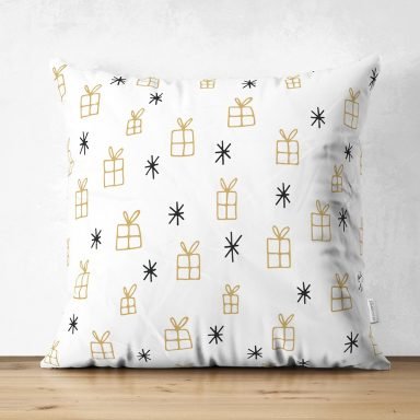 Beyaz Zemin Üzerinde Gold Renkli Hediye Paketi Desenli Dijital Baskılı Modern Süet Yastık Kırlent Kılıfı