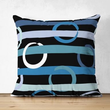 Siyah Zemin Üzerinde Renkli Geometrik Çizimli Dijital Baskılı Modern Süet Yastık Kırlent Kılıfı
