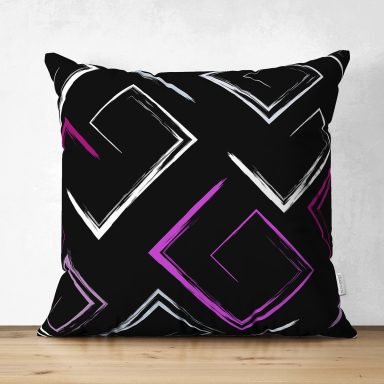 Siyah Zemin Üzerinde Renkli Geometrik Desenli Dijital Baskılı Modern Süet Yastık Kırlent Kılıfı