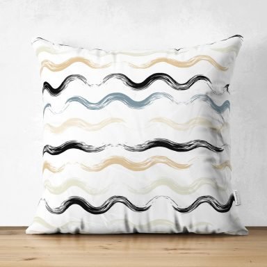 Beyaz Zemin Üzerinde Renkli Zikzak Desenli Dijital Baskılı Modern Süet Yastık Kırlent Kılıfı