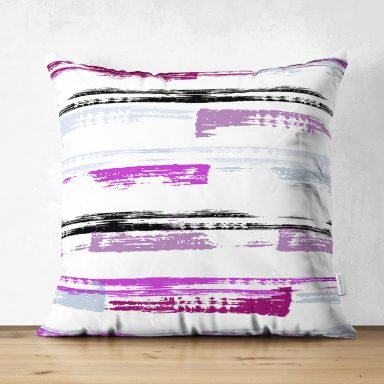 Beyaz Zemin Üzerinde Renkli Çizgili Dijital Baskılı Modern Süet Yastık Kırlent Kılıfı