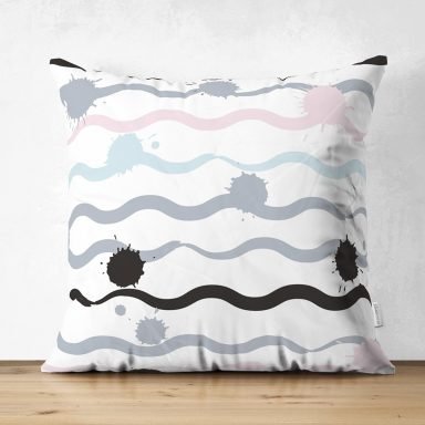 Beyaz Zemin Üzerinde Modern Çizgili Zikzak Desen Dijital Baskılı Modern Süet Yastık Kırlent Kılıfı