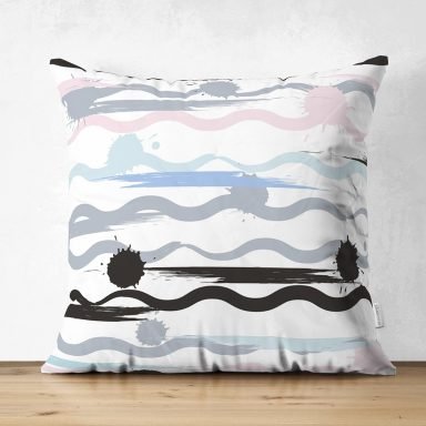 Beyaz Zemin Üzerinde Modern Çizgili Zikzak Desen Dijital Baskılı Modern Süet Yastık Kırlent Kılıfı