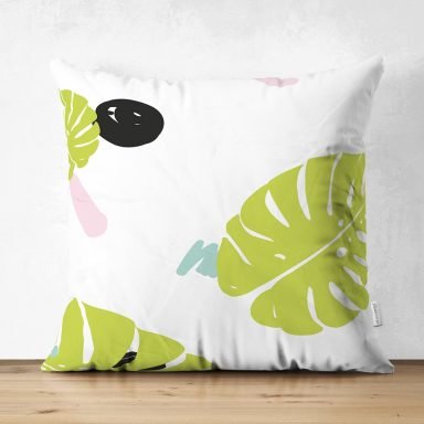 Beyaz Zemin Üzerinde Modern Renkli Yaprak Desenli Dijital Baskılı Modern Süet Yastık Kırlent Kılıfı