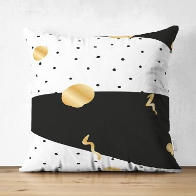 Beyaz Zeminde Gold Detaylı Siyah Puantiye Desenli Dijital Baskılı Modern Süet Yastık Kırlent Kılıfı