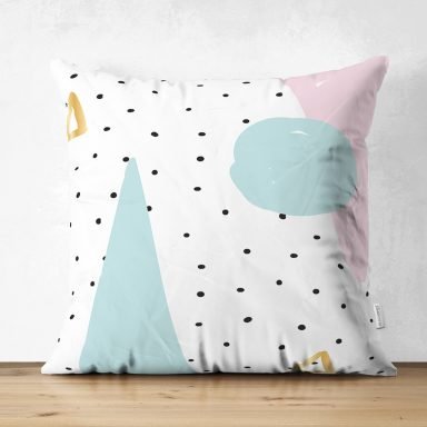 Beyaz Zeminde Renkli Modern Desenli Siyah Puantiyeli Dijital Baskılı Modern Süet Yastık Kırlent Kılıfı