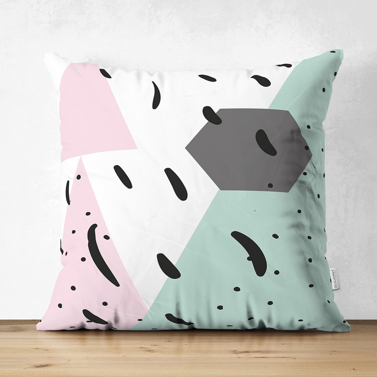 Suet-K7786-Renkli-Zemin-Uzerinde-Modern-Desenli-Siyah-Puantiyeli-Dijital-Baskili-Modern-Suet-Yastik-Kirlent-Kilifi