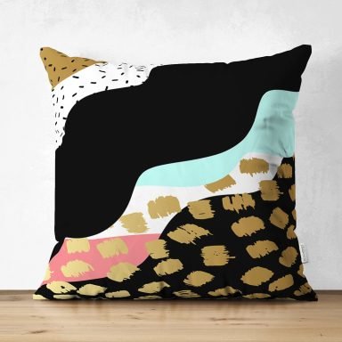 Renkli Zemin Üzerinde Gold Detaylı Modern Desenli Dijital Baskılı Modern Süet Yastık Kırlent Kılıfı