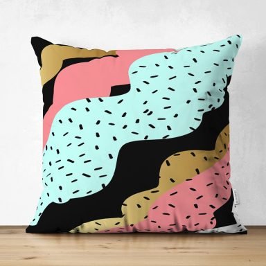 Renkli Zemin Üzerinde Gold Detaylı Modern Desenli Dijital Baskılı Modern Süet Yastık Kırlent Kılıfı