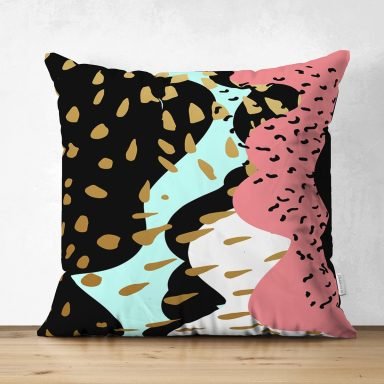 Renkli Zemin Üzerinde Gold Detaylı Modern Desenli Dijital Baskılı Modern Süet Yastık Kırlent Kılıfı