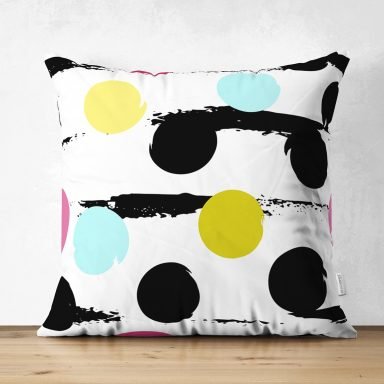 Beyaz Zemin Üzerinde Renkli Puantiye Desenli Dijital Baskılı Modern Süet Yastık Kırlent Kılıfı