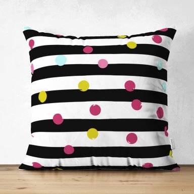 Beyaz Zeminde Modern Siyah Çizgili Renkli Puantiyeli Dijital Baskılı Modern Süet Yastık Kırlent Kılıfı