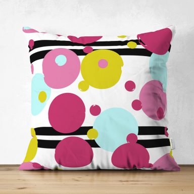 Beyaz Zeminde Siyah Modern Çizgili Renkli Puantiyeli Dijital Baskılı Modern Süet Yastık Kırlent Kılıfı