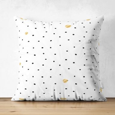 Beyaz Zeminde Gold Detaylı Siyah Puantiye Desenli Dijital Baskılı Modern Süet Yastık Kırlent Kılıfı