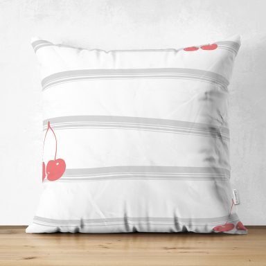 Beyaz Zemin Üzerinde Gri Modern Çizgili Kiraz Desenli Dijital Baskılı Modern Süet Yastık Kırlent Kılıfı