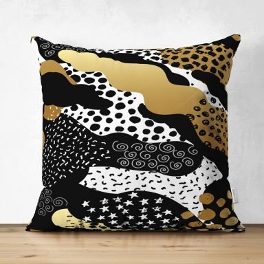 Siyah Zemin Üzerinde Gold Detaylı Modern Desenli Dijital Baskılı Modern Süet Yastık Kırlent Kılıfı