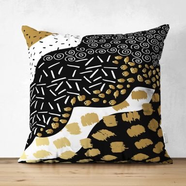 Renkli Zemin Üzerinde Gold Detaylı Modern Desenli Dijital Baskılı Modern Süet Yastık Kırlent Kılıfı