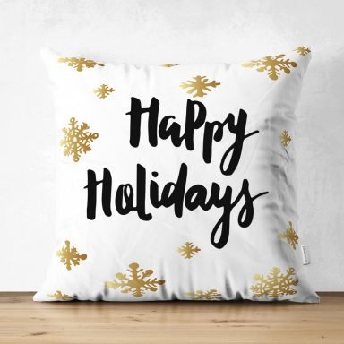 Beyaz Zemin Üzerinde Gold Renkli Kar tanesi Dijital Baskılı Modern Süet Yastık Kırlent Kılıfı