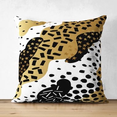 Beyaz Zemin Üzerinde Gold Detaylı Modern Desenli Dijital Baskılı Modern Süet Yastık Kırlent Kılıfı