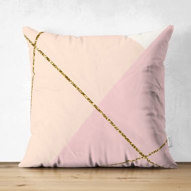 Pastel Zemin Üzerinde Gold Detaylı Modern Çizgili Dijital Baskılı Modern Süet Yastık Kırlent Kılıfı