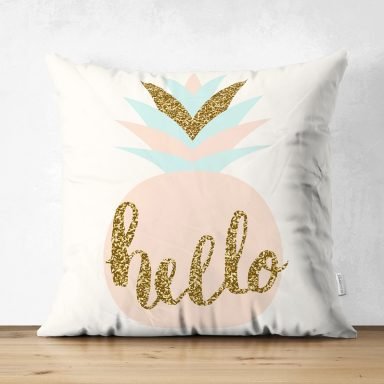 Renkli Zemin Üzerinde Gold Detaylı Hello Yazılı Dijital Baskılı Modern Süet Yastık Kırlent Kılıfı