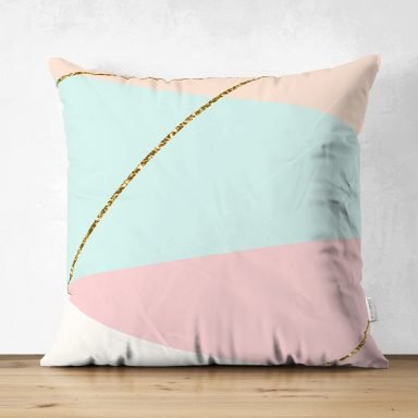 Pastel Zeminli Üzerinde Gold Renkli Modern Çizgili Dijital Baskılı Modern Süet Yastık Kırlent Kılıfı