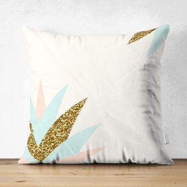 Renkli Üzerinde Gold Detaylı Modern Yaprak Desenli Dijital Baskılı Modern Süet Yastık Kırlent Kılıfı