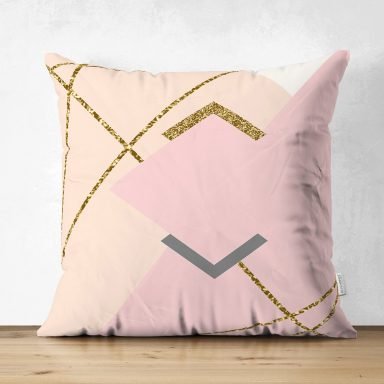 Pastel Zemin Üzerinde Gold Detaylı Modern Çizgili Dijital Baskılı Modern Süet Yastık Kırlent Kılıfı