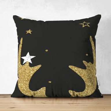 Siyah Zemin Üzerinde Gold Detaylı Modern Geyik Desenli Dijital Baskılı Modern Süet Yastık Kırlent Kılıfı