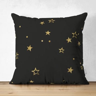 Siyah Zemin Üzerinde Gold Renkli Yıldız Desenli Dijital Baskılı Modern Süet Yastık Kırlent Kılıfı