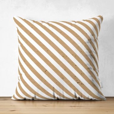 Beyaz Zemin Üzerinde Gold Renkli Yatay Çizgili Dijital Baskılı Modern Süet Yastık Kırlent Kılıfı