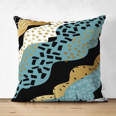 Siyah Zemin Üzerinde Renkli Modern Desenli Dijital Baskılı Modern Süet Yastık Kırlent Kılıfı