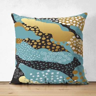 Siyah Zemin Üzerinde Renkli Modern Desenli Dijital Baskılı Modern Süet Yastık Kırlent Kılıfı