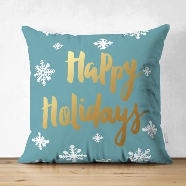 Renkli Zeminde Beyaz Kar tanesi Desenli Gold Renkli Happy Holidays Dijital Baskılı Modern Süet Yastık Kırlent Kılıfı