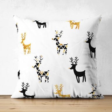 Beyaz Zemin Üzerinde Modern Geyik Desenli Dijital Baskılı Modern Süet Yastık Kırlent Kılıfı