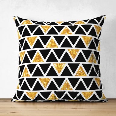 Siyah Zemin Üzerinde Gold Detaylı Geometrik Desenli Dijital Baskılı Modern Süet Yastık Kırlent Kılıfı