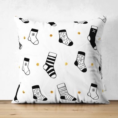 Beyaz Zemin Üzerinde Modern Çorap Desenli Dijital Baskılı Modern Süet Yastık Kırlent Kılıfı