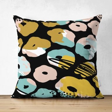 Siyah Zemin Üzerinde Renkli Geometrik Desenli Dijital Baskılı Modern Süet Yastık Kırlent Kılıfı