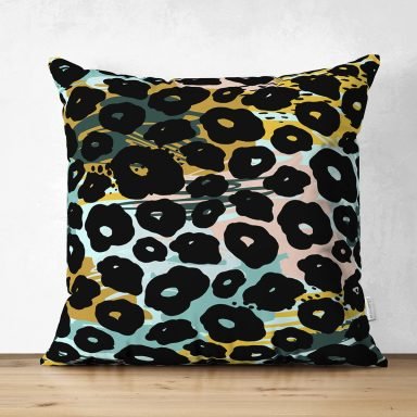 Pastel Zemin Üzerinde Siyah Geometrik Desenli Dijital Baskılı Modern Süet Yastık Kırlent Kılıfı