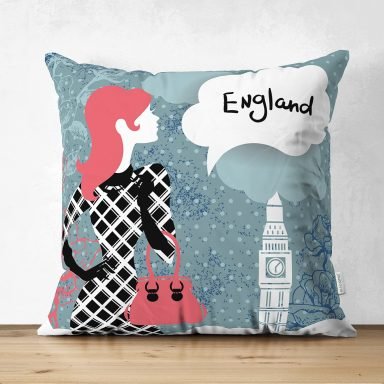 London Modern Bayan Dijital Baskılı Dekoratif Süet Yastık Kırlent Kılıfı