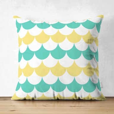 Beyaz Zemin Üzerinde Renkli Geometrik Desenli Dijital Baskılı Modern Süet Yastık Kırlent Kılıfı