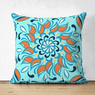 Renkli Zemin Üzerinde Çini Desenli Dijital Baskılı Modern Süet Yastık Kırlent Kılıfı