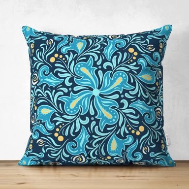 Renkli Zemin Üzerinde Çini Desenli Dijital Baskılı Modern Süet Yastık Kırlent Kılıfı