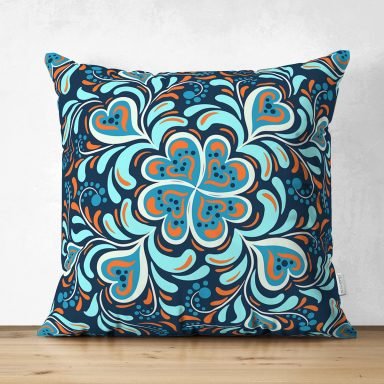 Renkli Zemin Üzerinde Çini Desenli Dijital Baskılı Modern Süet Yastık Kırlent Kılıfı