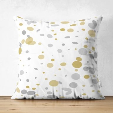 Beyaz Zemin Üzerinde Gold Detaylı Geometrik Desenli Dijital Baskılı Modern Süet Yastık Kırlent Kılıfı