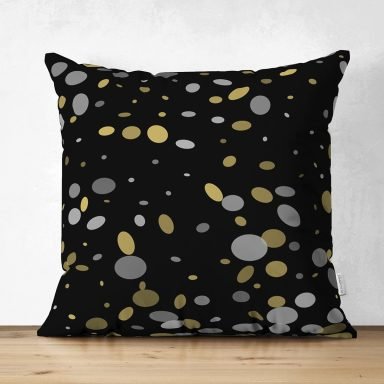 Siyah Zemin Üzerinde Gold Detaylı Geometrik Desenli Dijital Baskılı Modern Süet Yastık Kırlent Kılıfı